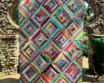 Vibrant Scrap-buster String Quilt, 63"x85", Premium Materials, Twin, Handcrafted