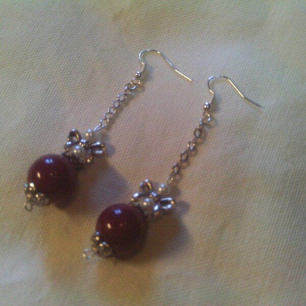 Reduced, Raspberries on Bows Long Drop Earrings, Feminine Fall Earrings, Holiday Drop Earrings, Raspberry Czech Bead Earrings