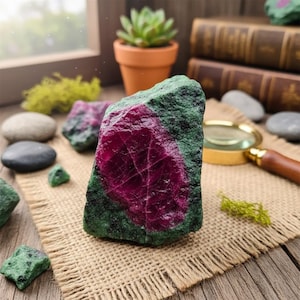 Puede incluir: Una gema de rubí en bruto con un centro rojo vibrante y una matriz verde. La gema se exhibe sobre una tela de arpillera, junto con otras piedras, una lupa y una pequeña planta suculenta en maceta. La piedra natural tiene una apariencia cruda y orgánica.