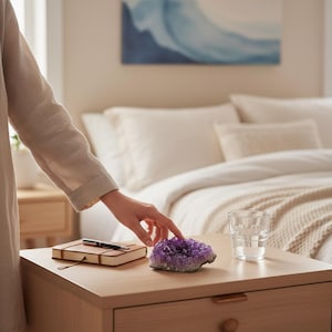 Könnte beinhalten: Ein Nachttisch aus hellem Holz mit einer violetten Amethyst-Geode, einem kleinen Notizbuch, einem Stift und einem Glas Wasser. Die Geode ist der Mittelpunkt, mit einer Hand, die sich ihr nähert. Der Hintergrund umfasst ein Bett und ein Kunstwerk.