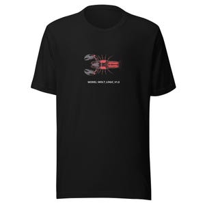 May include: Black t-shirt with a lobster graphic in red and grey. The lobster design has a neon-like appearance. The text "MODEL: MOLT_LOGIC_V1.0" is printed below the graphic. A distinctive tee for casual wear.