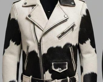 Men's Black White Real Hairs Cowhide Leather Biker Jacket, Asymmetric Moto Style