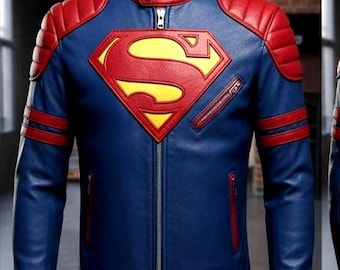 Jaqueta de couro para motociclista Superman S-Shield azul e vermelha da DC Comics para cosplay