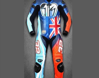 Macacão de couro personalizado para motociclista com a bandeira britânica, estilo corrida, peça única.