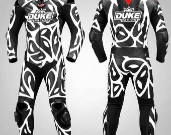 Black & White Motorcycle Leather Racing Suit – CE Armored, Track Ready