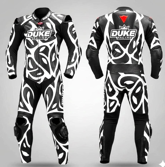 Black & White Motorcycle Leather Racing Suit – CE Armored, Track Ready
