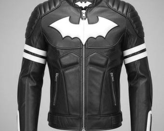 Jaqueta de couro legítimo do Batman para motociclista - Jaqueta de proteção preta e branca