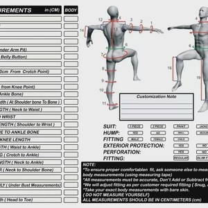 May include: Diagram showing body measurements in centimetres for tailoring. Includes points like wrist, biceps, and waist, with a customization note and fitting options. The image is designed to guide accurate body measurements.