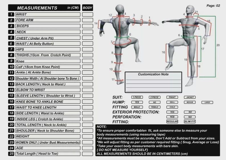 May include: Diagram showing body measurements in centimetres for tailoring. Includes points like wrist, biceps, and waist, with a customization note and fitting options. The image is designed to guide accurate body measurements.