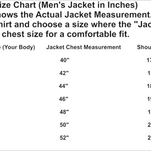 May include: A size chart for jackets, with measurements in inches. The chart includes sizes XS to 3XL, detailing chest size, jacket chest measurement, shoulder width, and sleeve length. The text advises measuring the chest over a thin shirt and adding 4 inches.