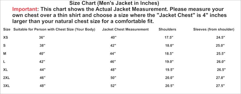 May include: A size chart for jackets, with measurements in inches. The chart includes sizes XS to 3XL, detailing chest size, jacket chest measurement, shoulder width, and sleeve length. The text advises measuring the chest over a thin shirt and adding 4 inches.