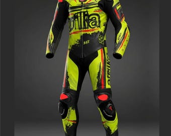 Macacão de corrida Aprilia personalizado em couro amarelo neon com proteção CE.