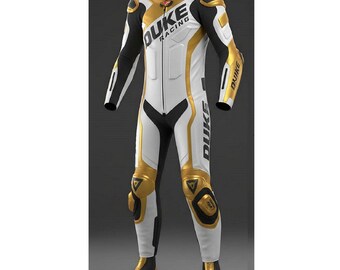 Macacão de couro para motociclismo Duke Racing, peça única, para pista, nas cores dourado, branco e preto.