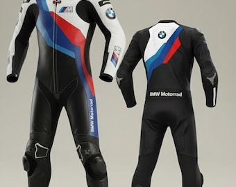 Macacão de couro BMW Motorrad M-Sport para corrida, peça única para motociclistas de pista.