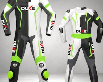 Macacão de couro assimétrico para motociclismo DUKE: preto, branco e verde limão com proteção.