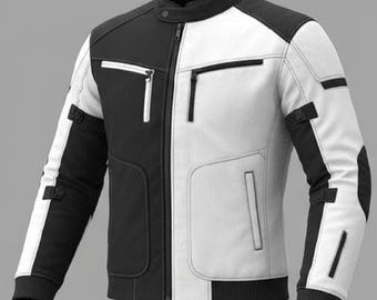 Men's Two-Tone Black & White Cowhide Leather Motorcycle Jacket