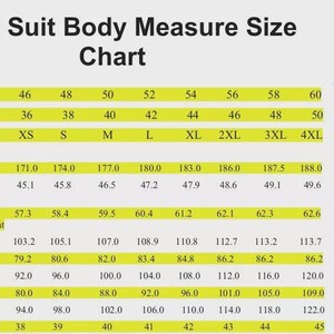 May include: A men's suit body measure size chart with measurements in centimetres. The chart includes measurements for height, sleeve length, waist, chest, hips, and neck girth. A diagram of a person is included.