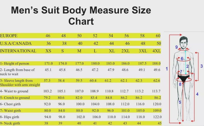 May include: A men's suit body measure size chart with measurements in centimetres. The chart includes measurements for height, sleeve length, waist, chest, hips, and neck girth. A diagram of a person is included.