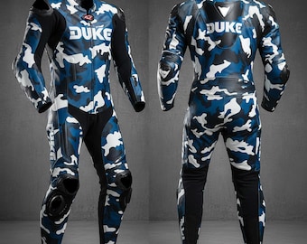 Macacão de couro personalizado para motociclismo, modelo Duke Camo.