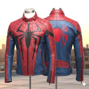 May include: A red, blue, and black leather jacket with a spider-themed design. The front features a large black spider emblem and a zipper closure. The back displays a red spider emblem on a blue background. The jacket has a stand-up collar and zippered pockets.