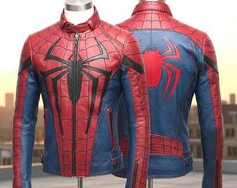 Jaqueta de couro do Homem-Aranha, fantasia de cosplay de Peter Parker, jaqueta de motociclista vermelha e azul de super-herói.