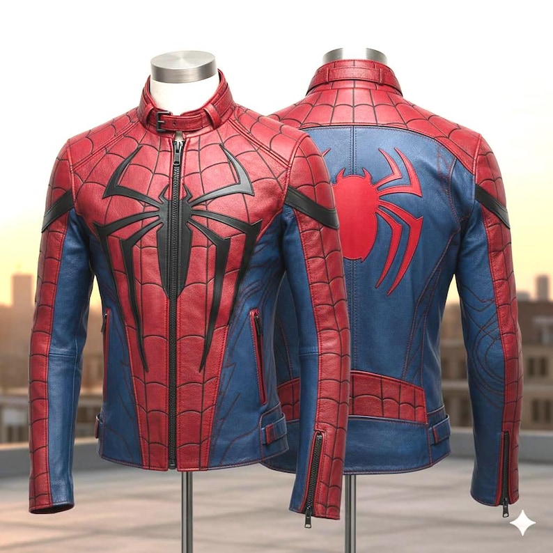 May include: A red, blue, and black leather jacket with a spider-themed design. The front features a large black spider emblem and a zipper closure. The back displays a red spider emblem on a blue background. The jacket has a stand-up collar and zippered pockets.