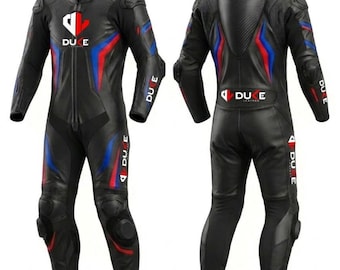 Macacão de couro personalizado para motociclismo, peça única para pista com proteção.