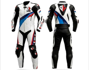 Macacão de corrida personalizado para motociclistas BMW, feito à mão em couro bovino de 1,3 mm.