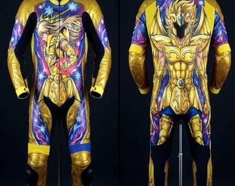 Macacão de couro personalizado para motociclista Camus de Aquário, do anime Saint Seiya – Equipamento para motociclista de corrida inspirado em anime