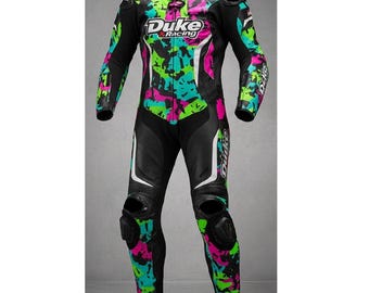 Macacão de couro personalizado para motociclismo | Equipamento de proteção Duke Racing com estampa camuflada neon