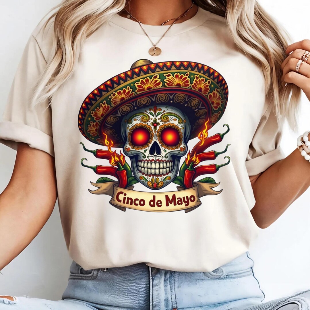 Cinco De Mayo PNG, Sugar Skull With Sombrero & Chili Peppers ...