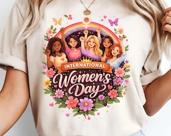 Internationale Vrouwendag PNG, 8 maart. Ontwerp met krachtige vrouwen, feministische regenboogafbeelding, sublimatiebestand voor vrouwenkracht, direct te downloaden.