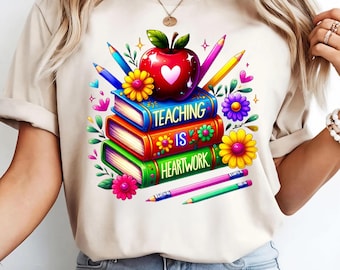 Lesgeven is hartwerk PNG | Levendig ontwerp met een appelboek en bloemen voor de leraar (sublimatie) | Digitale download voor het leven van de leraar voor shirt, mok en klaslokaaldecoratie