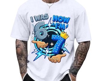 Ik was 6, nu ben ik 7 (PNG), ontwerp voor een shirt voor een 7e verjaardag, PNG voor een kinderverjaardag, jarige jongen of meisje van 7 jaar, bliksem verjaardag sublimatie ontwerp