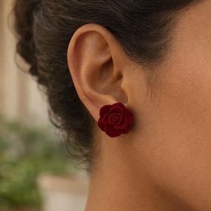 Red velvet flower earrings, elegant romantic rose, chic women's stud earrings, trendy jewelry