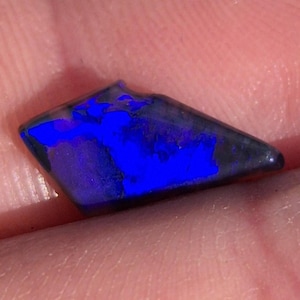 Peut inclure: Une pierre d'opale polie de forme irrégulière. L'opale présente une couleur bleu électrique vibrante avec des inclusions grises foncées et noires. La pierre est tenue dans une main, mettant en valeur sa couleur et sa forme uniques.