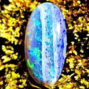 Pode incluir: Uma pedra preciosa de opala em forma oval com uma exibição vibrante de cores. A pedra apresenta uma mistura de azuis, verdes e brancos, criando um efeito brilhante. A opala é colocada sobre um fundo de folhagem amarela e marrom.