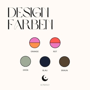 May include: A graphic with the text "DESIGN FARBEN" and color swatches. The swatches include orange, red, green, blue, and brown. The Lumayo logo is at the bottom.