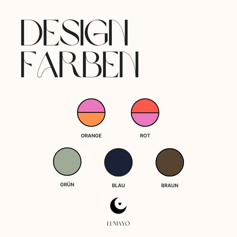 May include: A graphic with the text "DESIGN FARBEN" and color swatches. The swatches include orange, red, green, blue, and brown. The Lumayo logo is at the bottom.