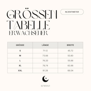 May include: A size chart in German, with the title "GR&Ouml;SSEN TABELLE ERWACHSENER" and the text "IN ZENTIMETER". The chart lists sizes S to XXL, with corresponding lengths and widths in centimeters. The brand logo is at the bottom.