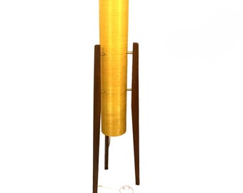 Sheerlite Rocket Floor Lamp, Orange Fibreglass, Teak Tripod, 1960s, Novoplast, Space Age