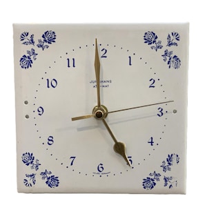 Junghans Ato-Mat Ceramic Tile Clock, Blue White Floral, 1960s, Unused, Richards England, Quartz