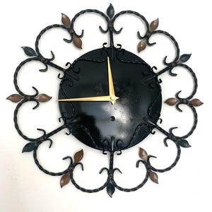 Junghans Wrought Iron Wall Clock - 1950s German Decorative Brass Leaf Scrollwork, Restored, 13.5 Inch