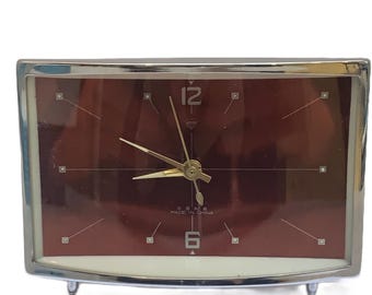 Horloge de table mécanique en diamant des années 1980 - Cadran rouge, remontage, boîte d'origine NOS