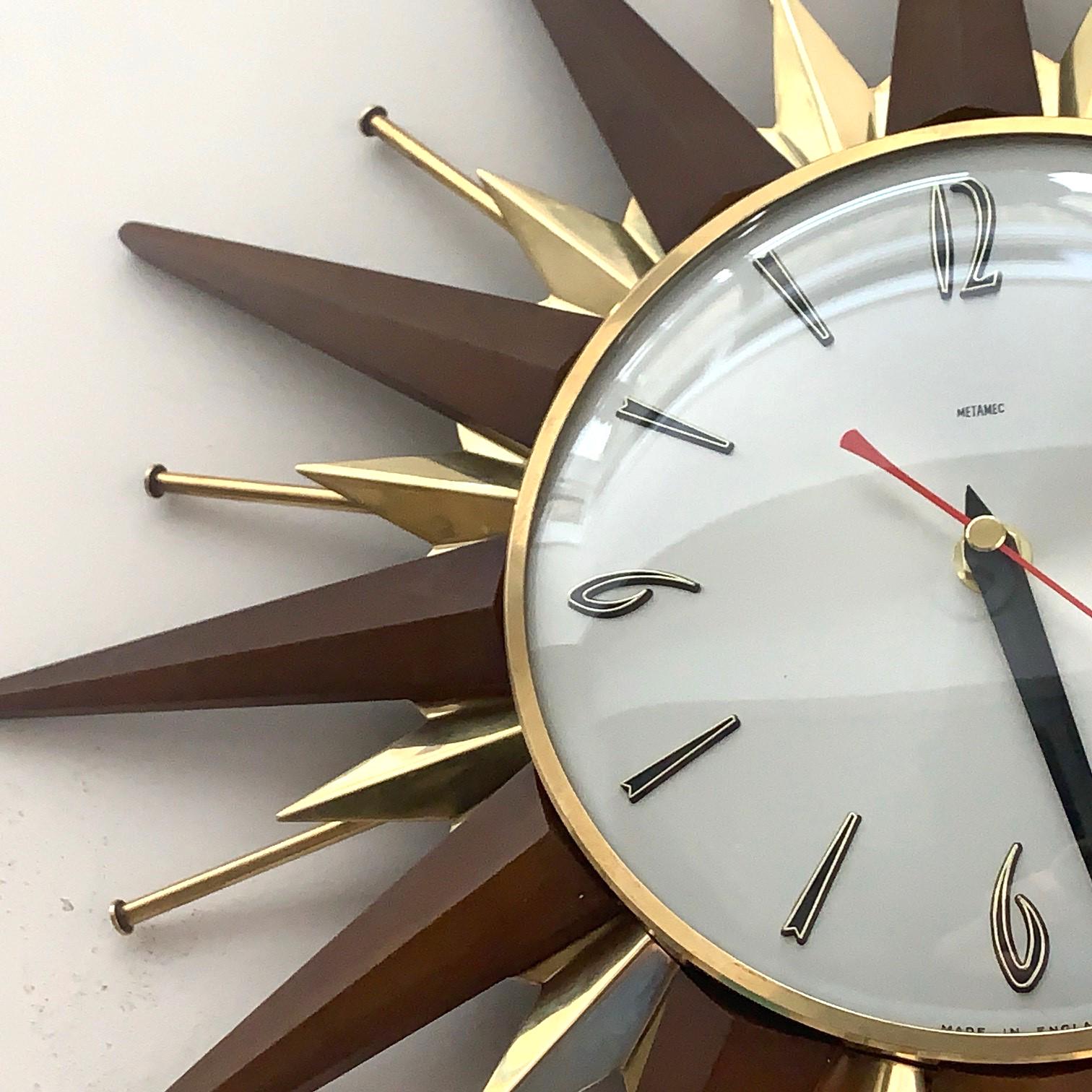 1960s Metamec Teak Brass Sunburst Clock – Mid Century Modern Wall