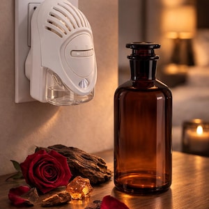 May include: A white plug-in air freshener is in a wall socket. A brown glass bottle with a dark stopper sits on a wooden surface, next to a red rose, rose petals, and amber crystals. The scene suggests a relaxing atmosphere.