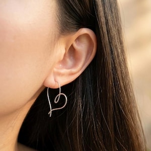 Large Wire Heart Hoop Earrings, 14K Gold Filled or Sterling Silver, Minimalist Jewelry, Hypoallergenic for Sensitive Ears,Gift for Her