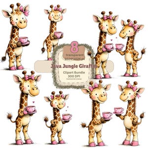May include: Eight cartoon giraffes with brown spots, each holding a pink teacup and saucer. They wear pink bows and shoes. The image includes the text "Java Jungle Giraffes" and "Clipart Bundle".