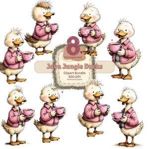 May include: A digital clipart bundle featuring eight cartoon ducks. Each duck is wearing a pink jacket and holding a pink teacup. The ducks have yellow beaks and feet. The image includes the text "Java Jungle Ducks" and "Clipart Bundle".