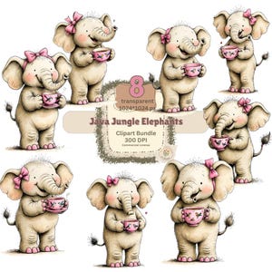 Pode incluir: Oito elefantes de desenho animado bege, cada um com um laço rosa e uma chávena. Os elefantes seguram chávenas rosas com desenhos de pássaros. O texto "Java Jungle Elephants Clipart Bundle" está incluído.